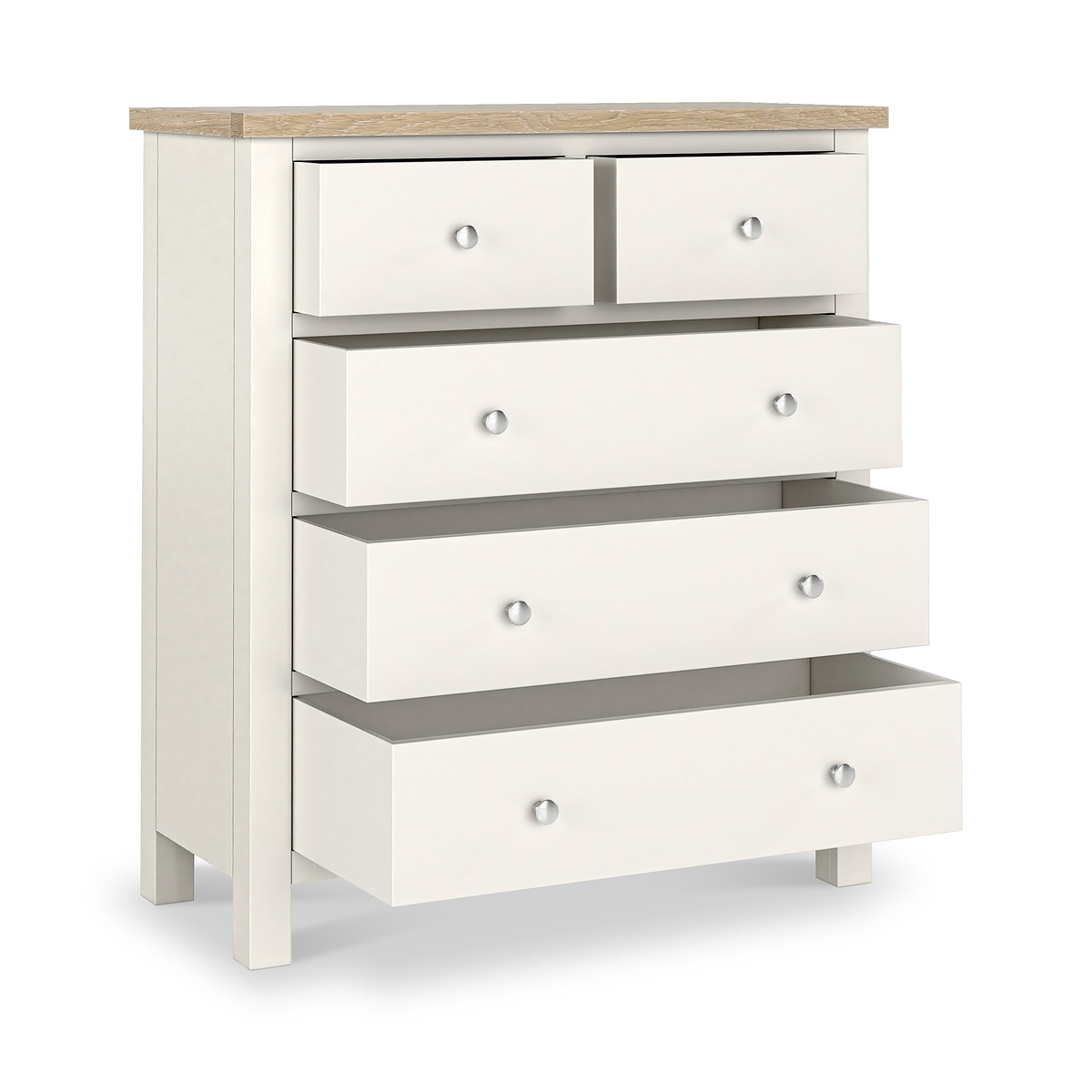 Farrow XL Washed Oak Coconut White 2 Over 3 Chest of Drawers from Roseland Furniture - Drawers Open with silver knobs