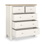 Farrow XL Washed Oak Coconut White 2 Over 3 Chest of Drawers from Roseland Furniture - Drawers Open with silver knobs