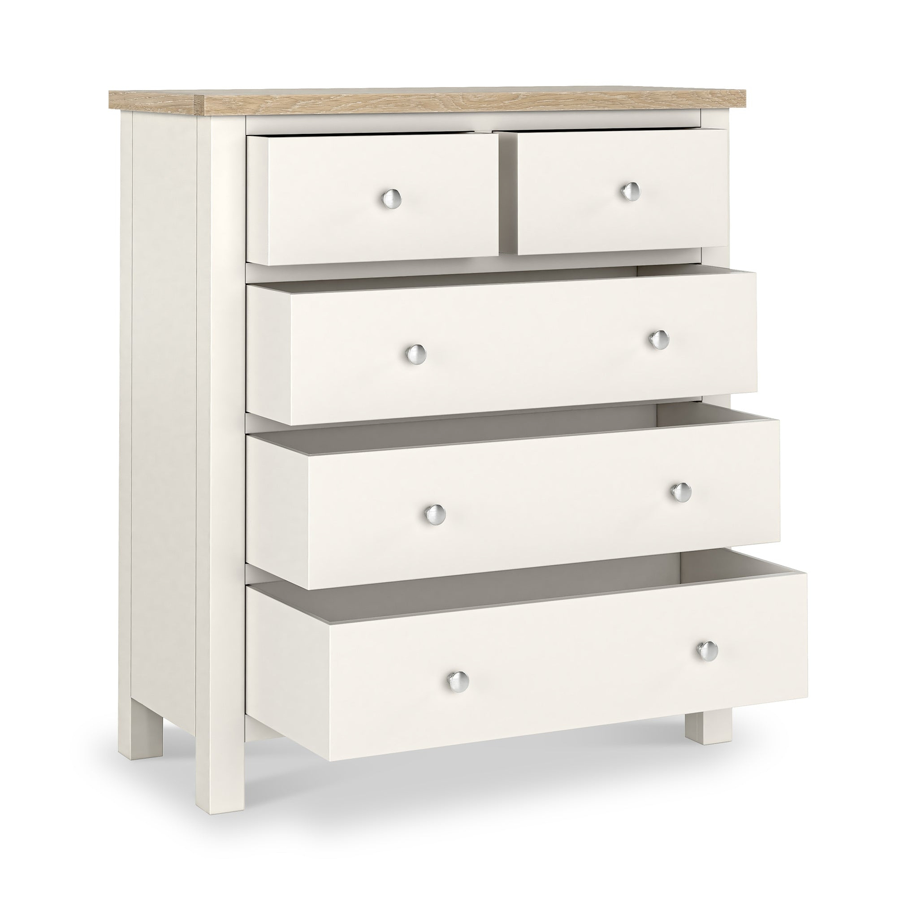 Farrow XL Washed Oak Coconut White 2 Over 3 Chest of Drawers from Roseland Furniture - Drawers Open with silver knobs