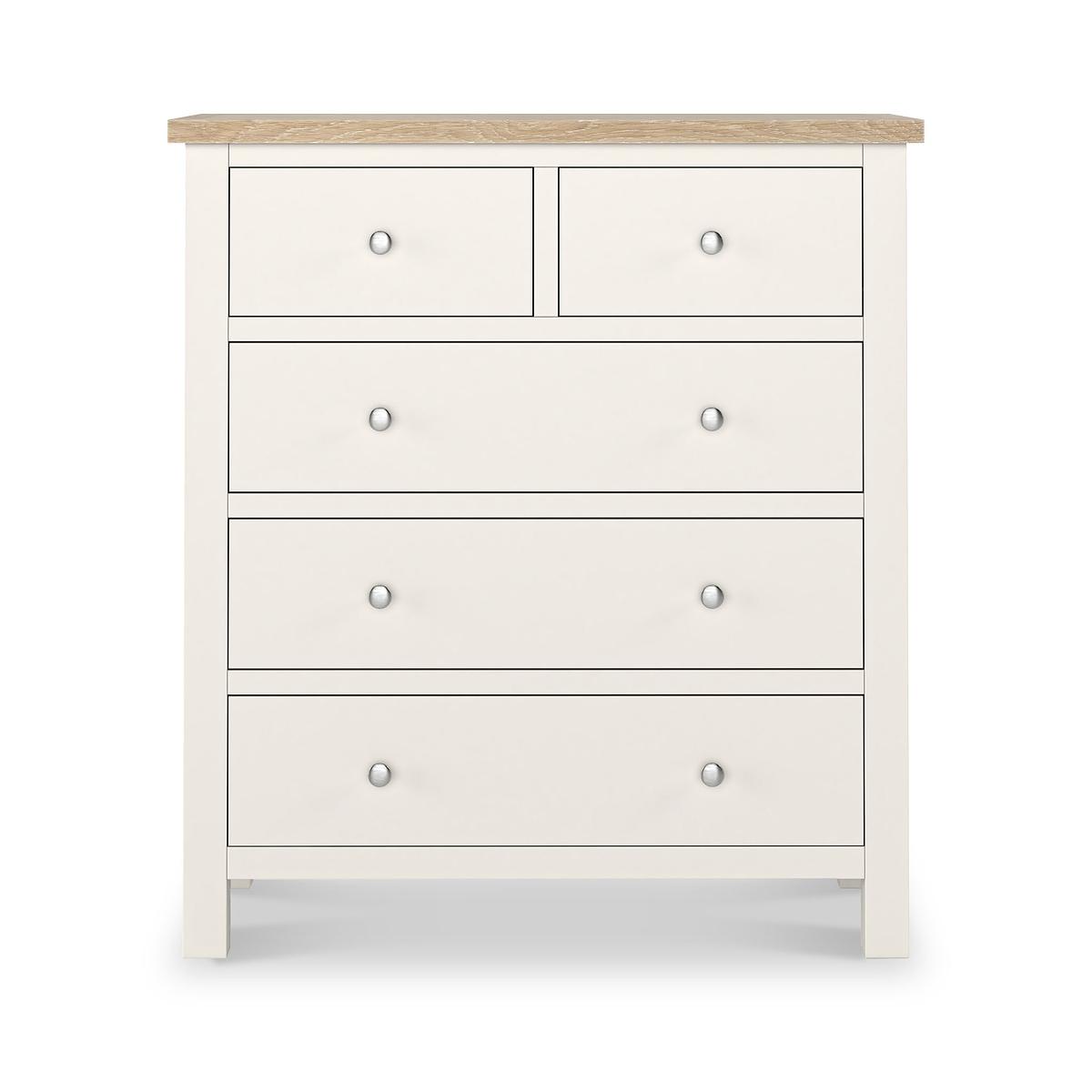 Farrow XL Washed Oak Coconut White 2 Over 3 Chest of Drawers from Roseland Furniture - Front View with silver knobs