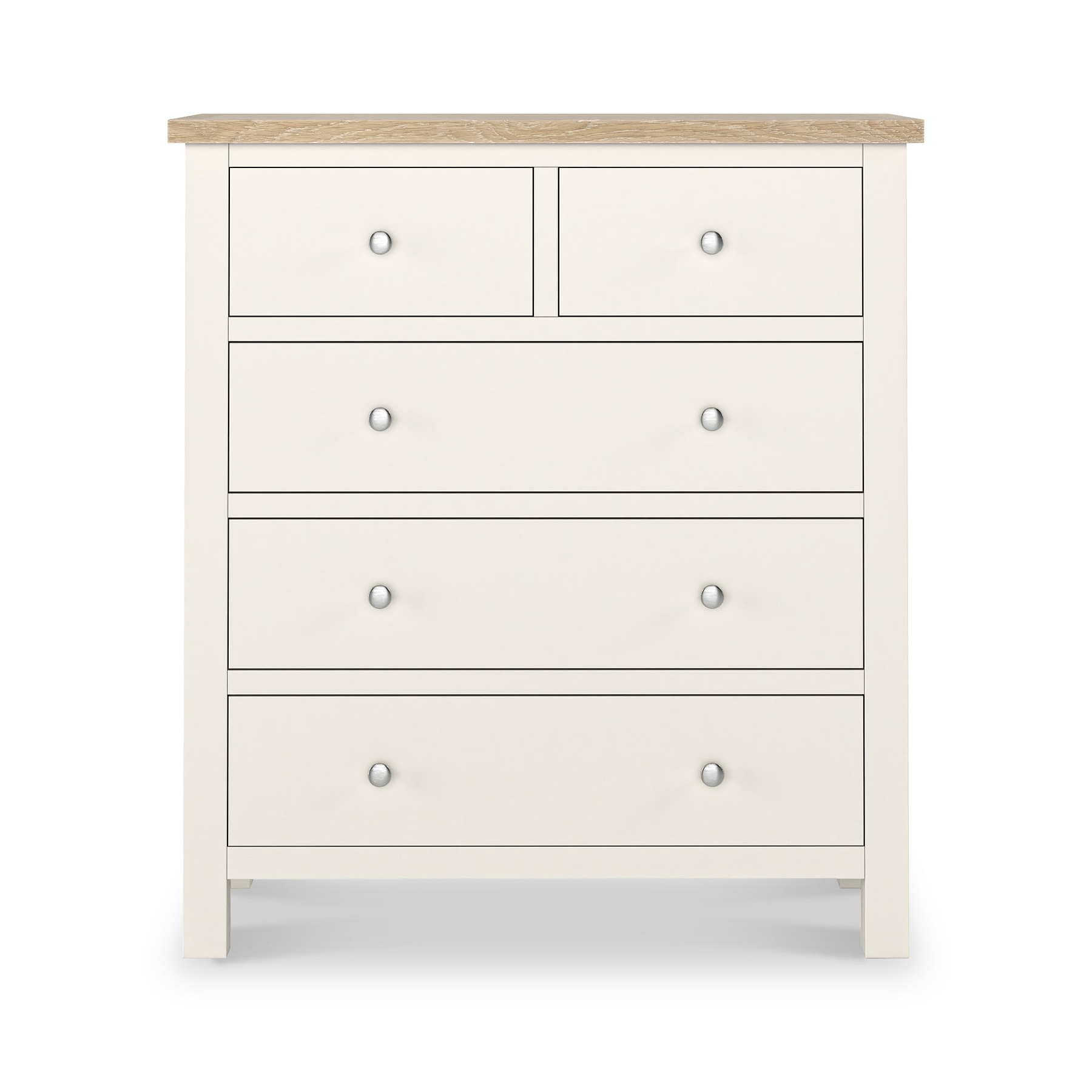 Farrow XL Washed Oak Coconut White 2 Over 3 Chest of Drawers from Roseland Furniture - Front View with silver knobs