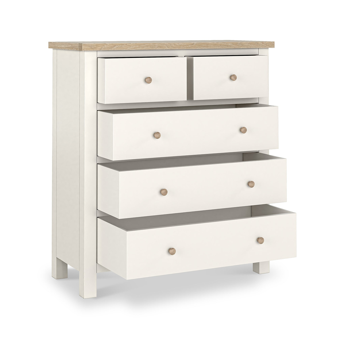 Farrow XL Coconut White with Washed Farrow XL Washed Oak Coconut White 2 Over 3 Chest of Drawers from Roseland Furniture - Drawers open with wooden knobs