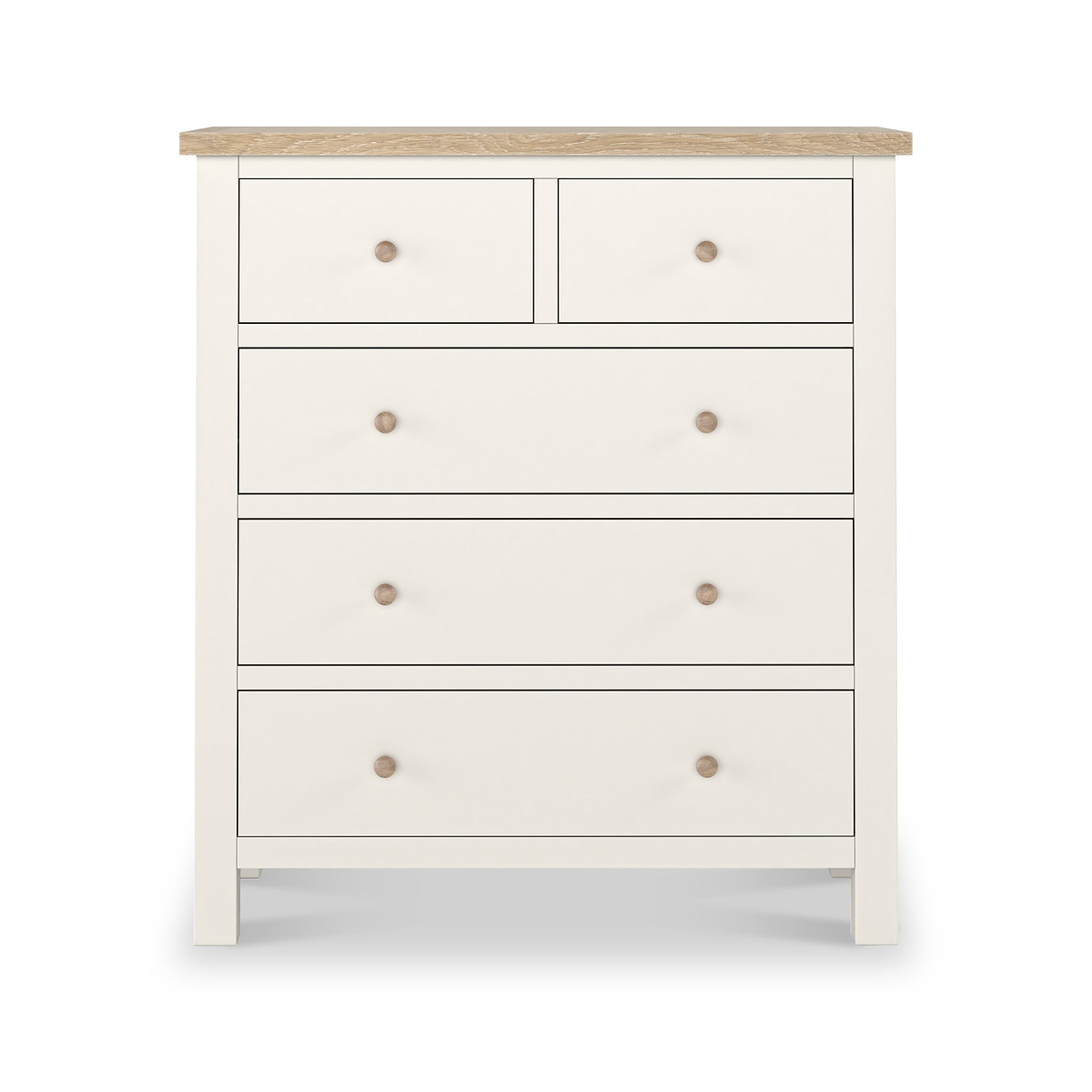 Farrow XL Coconut White with Washed Farrow XL Washed Oak Coconut White 2 Over 3 Chest of Drawers from Roseland Furniture - Front View with wooden knobs