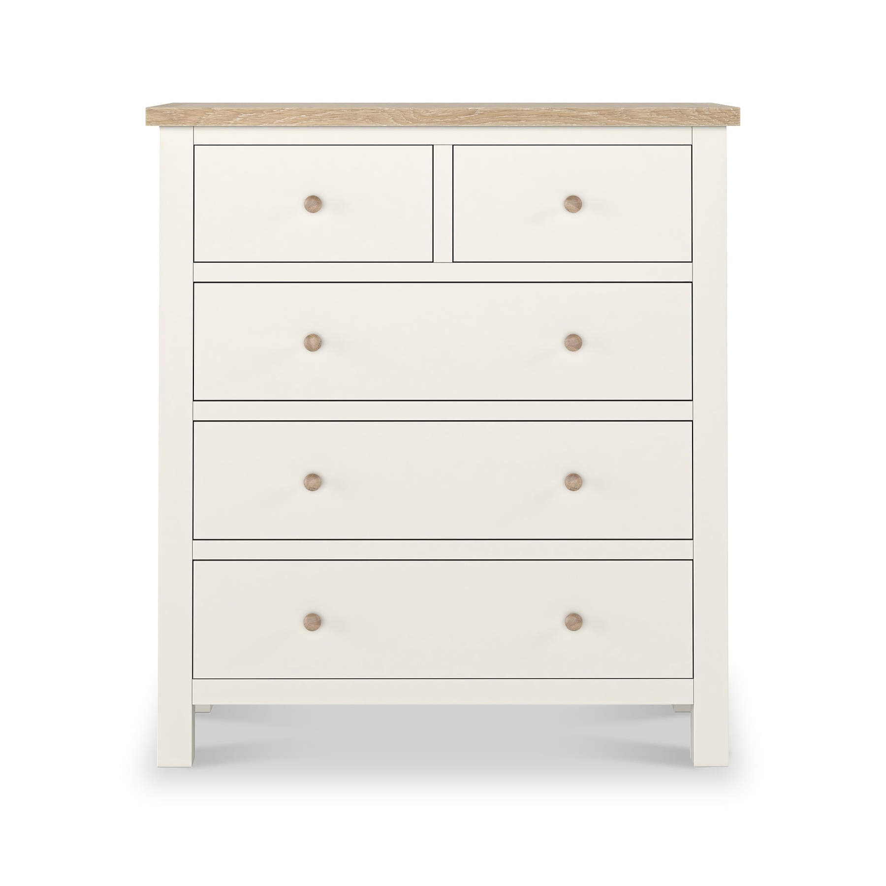 Farrow XL Coconut White with Washed Farrow XL Washed Oak Coconut White 2 Over 3 Chest of Drawers from Roseland Furniture - Front View with wooden knobs