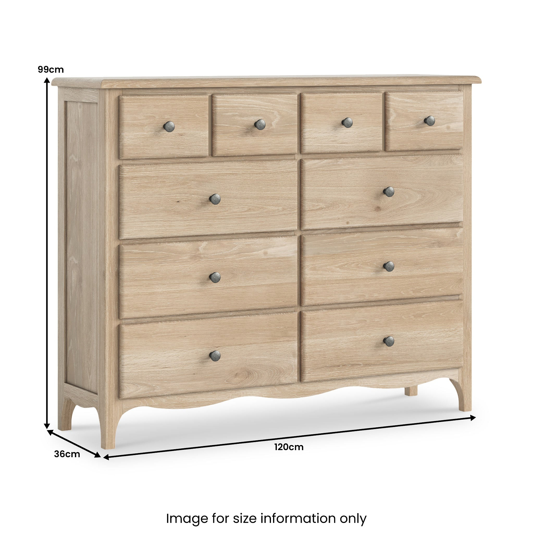 Celine Washed Oak 4 Over 6 Drawer Chest dimensions