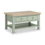 Farrow Sage Green Coffee Table with Washed Oak Top and wooden handles from Roseland Furniture