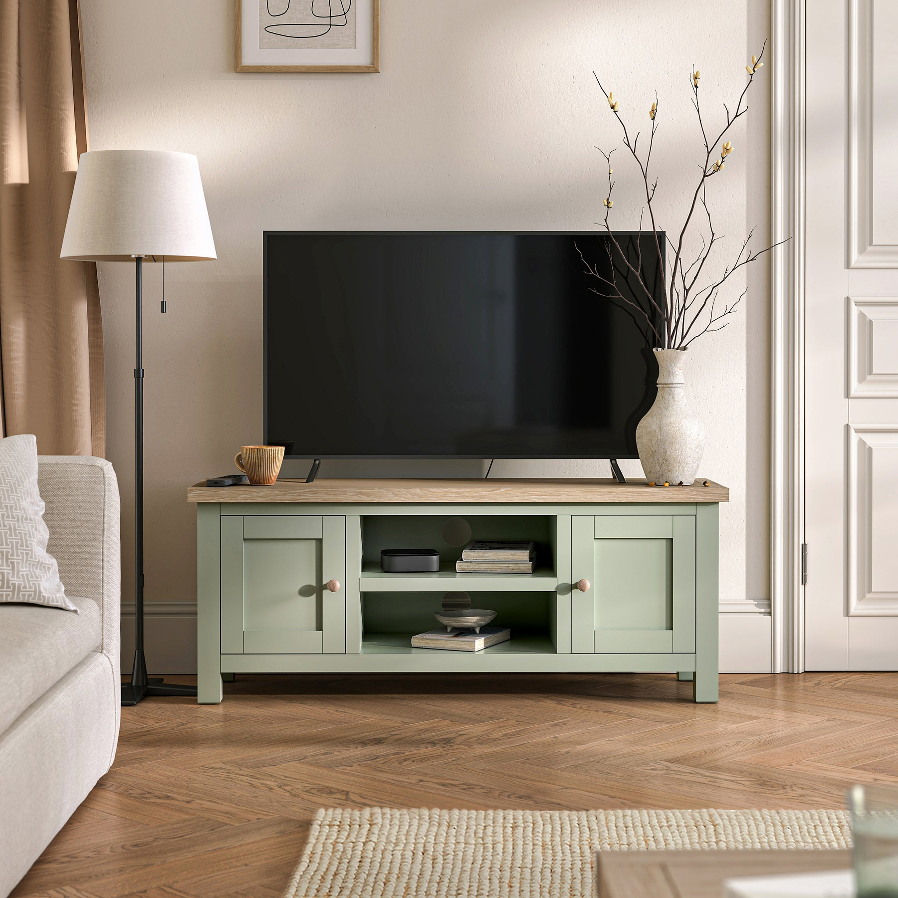 Farrow 120cm TV Unit Washed Oak Sage from Roseland Furniture