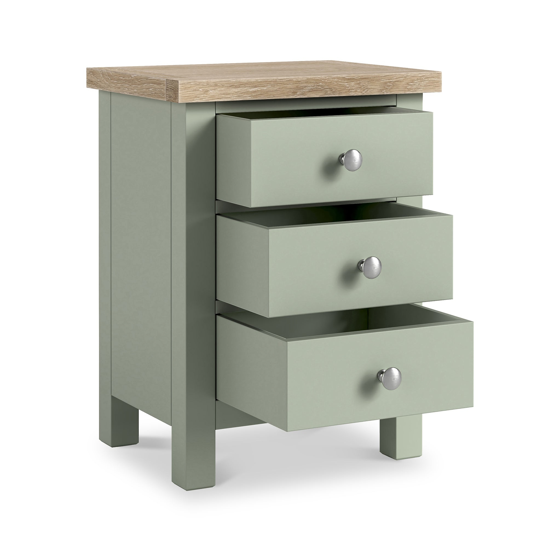 Farrow 3 Drawer Bedside Washed Oak Sage from Roseland Furniture - open drawers and silver handles