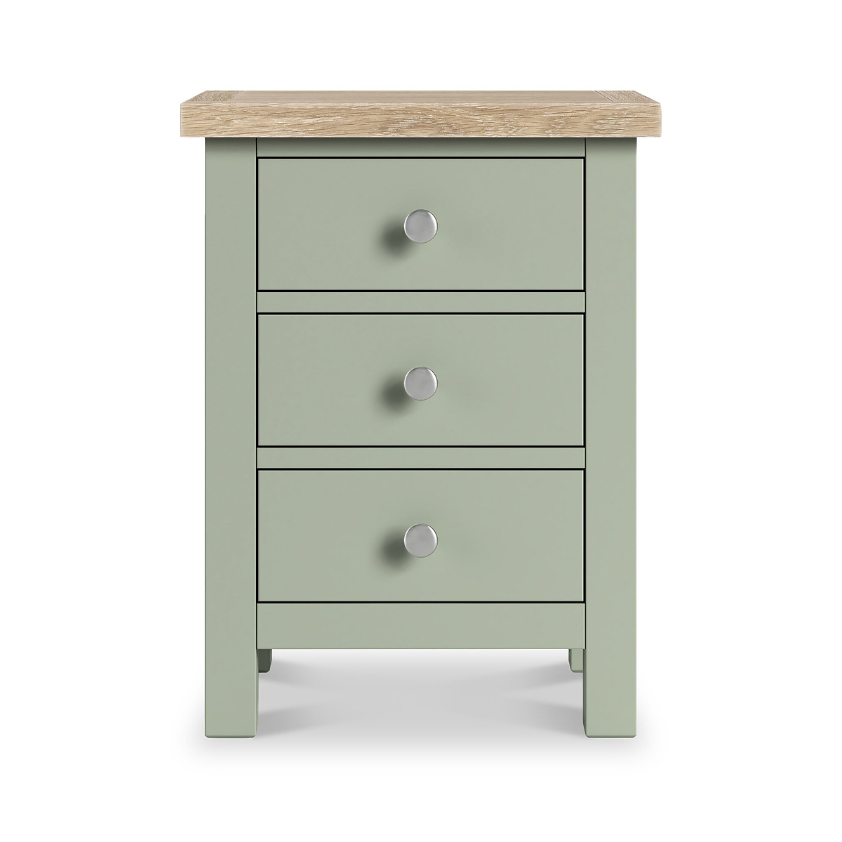 Farrow 3 Drawer Bedside Washed Oak Sage from Roseland Furniture - front view with silver handles