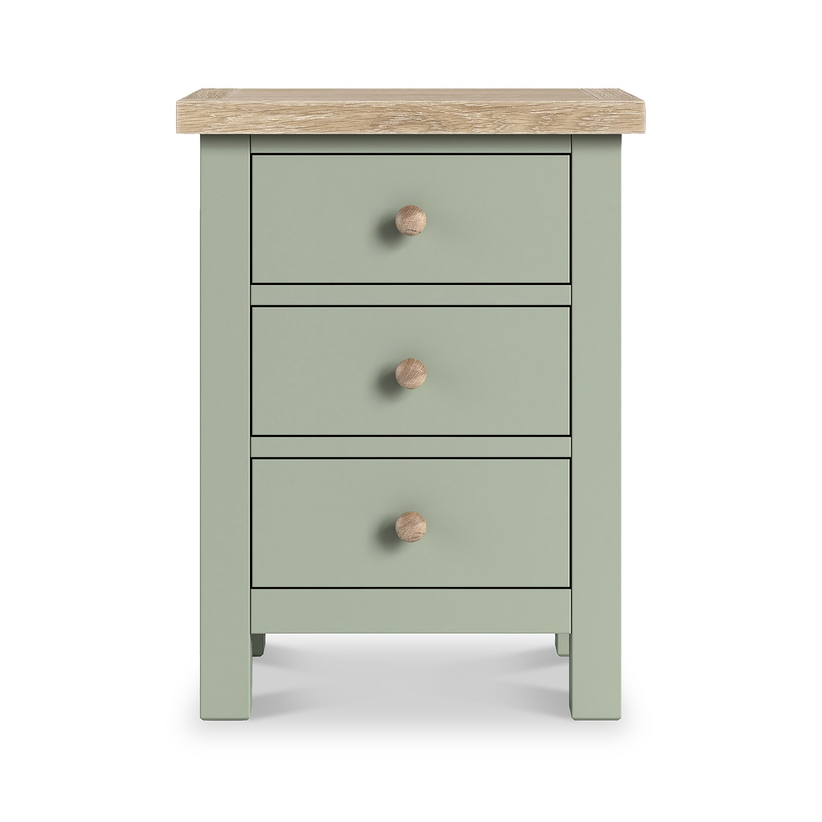 Farrow 3 Drawer Bedside Washed Oak Sage from Roseland Furniture - front view wooden handles