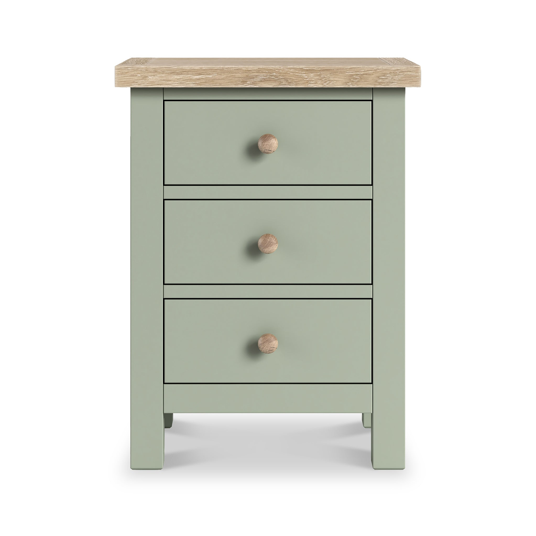 Farrow 3 Drawer Bedside Washed Oak Sage from Roseland Furniture - front view wooden handles