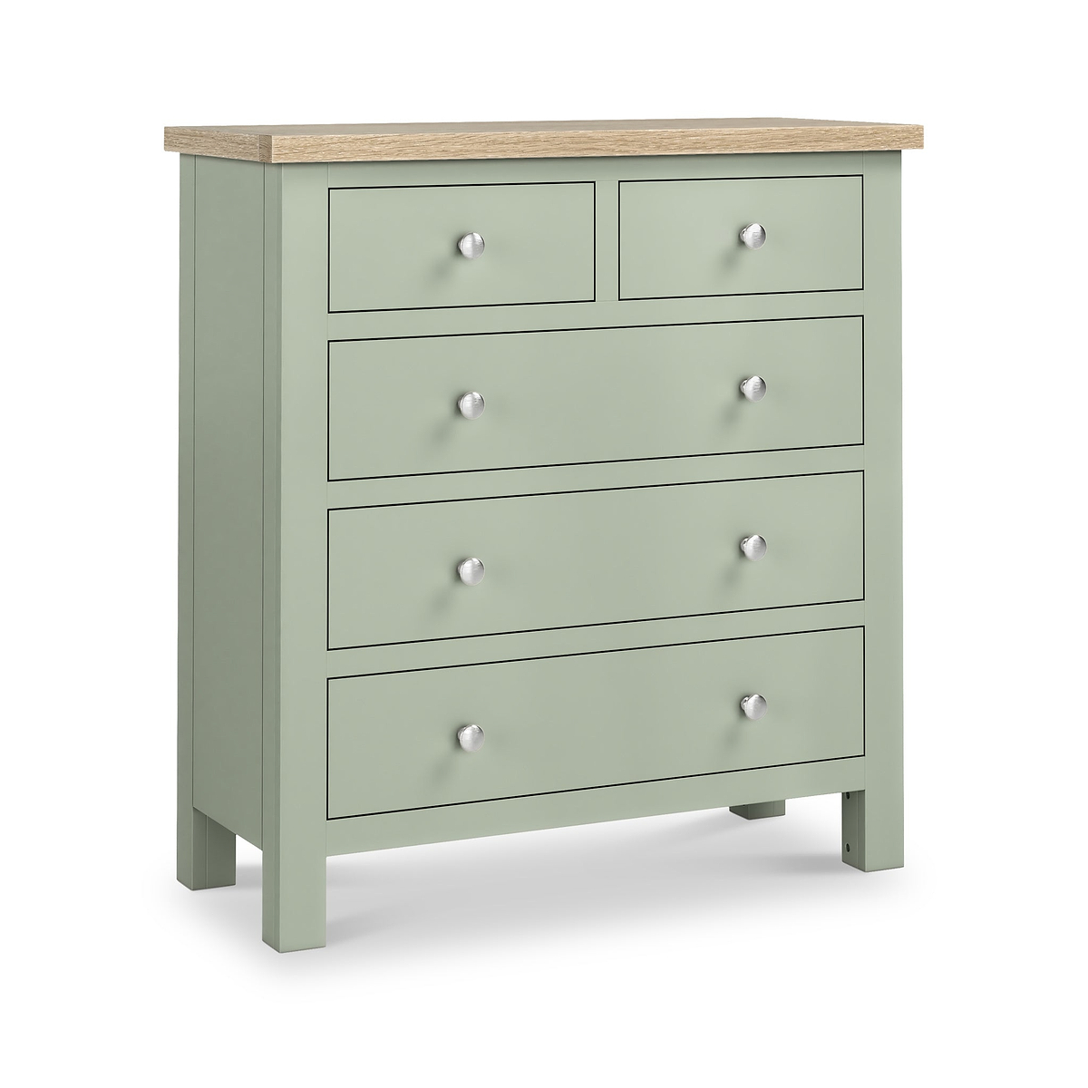 Farrow 2 Over 3 Chest Of Drawers Sage Washed Oak from Roseland Furniture - Angle View with silver handles