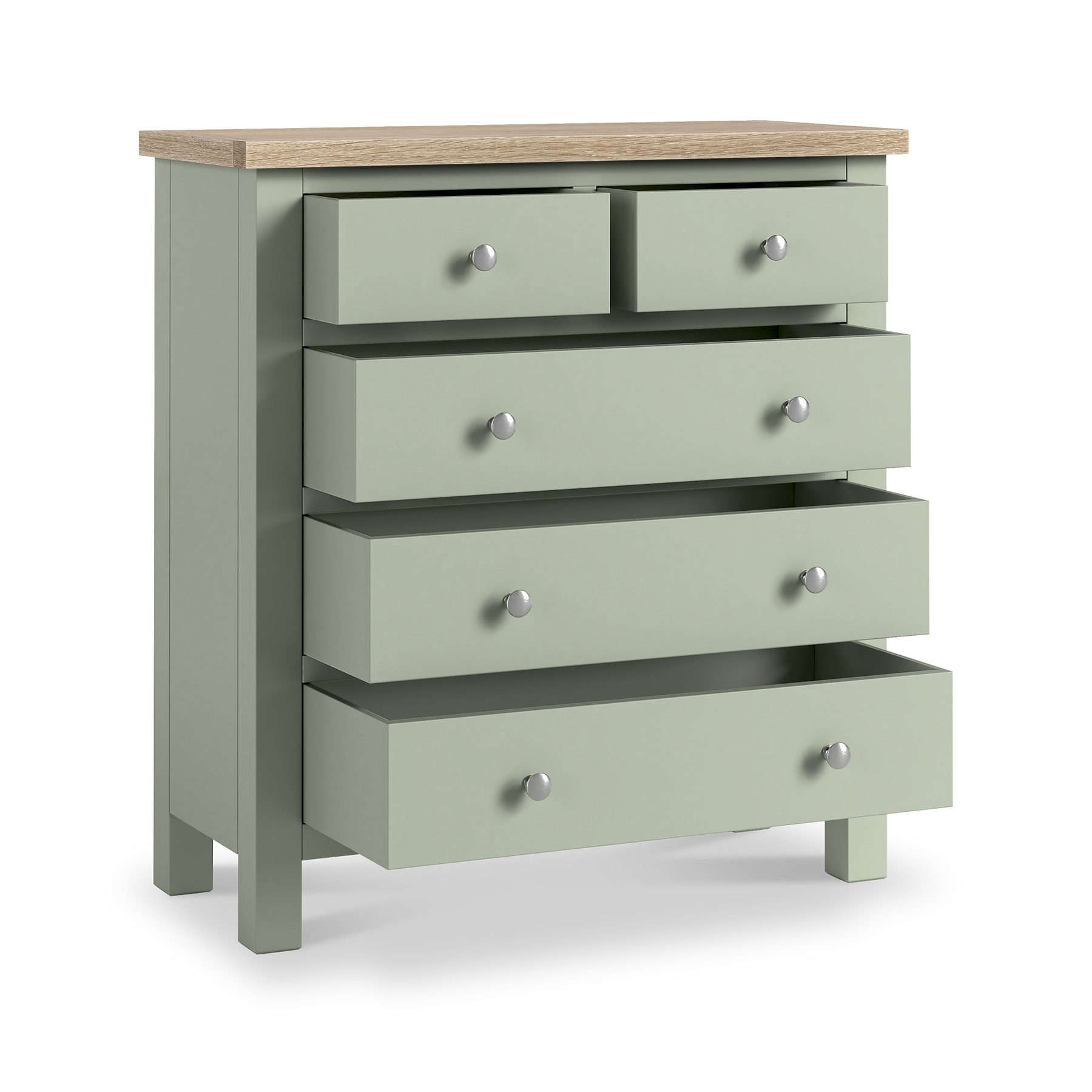 Farrow 2 Over 3 Chest Of Drawers Sage Washed Oak from Roseland Furniture - Open drawers with silver handles