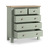Farrow 2 Over 3 Chest Of Drawers Sage Washed Oak from Roseland Furniture - drawers open and wooden handles