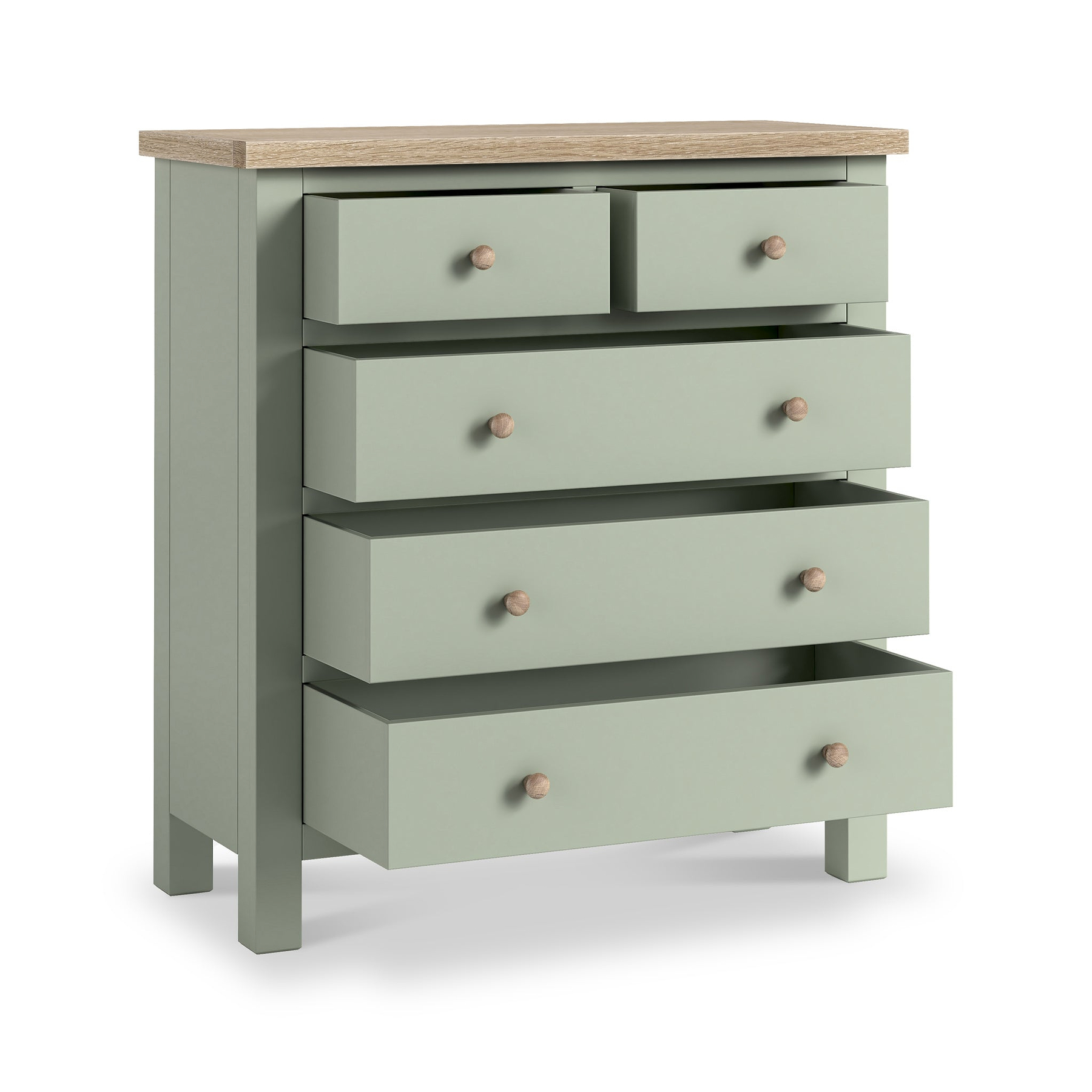Farrow 2 Over 3 Chest Of Drawers Sage Washed Oak from Roseland Furniture - drawers open and wooden handles