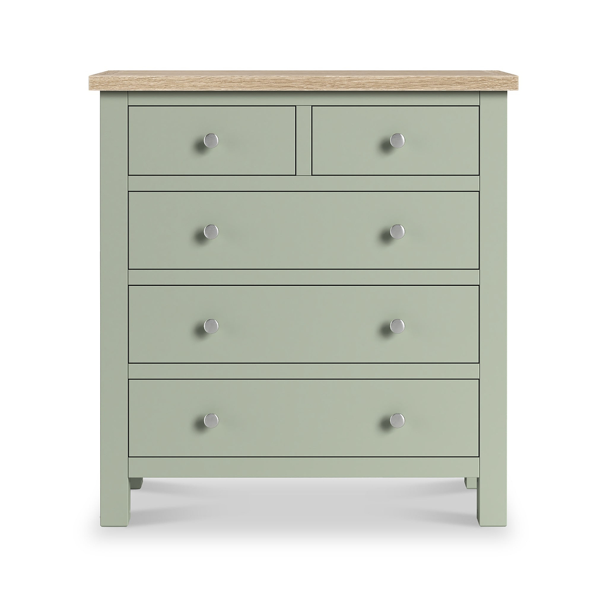 Farrow 2 Over 3 Chest Of Drawers Sage Washed Oak from Roseland Furniture - Front View with silver handles