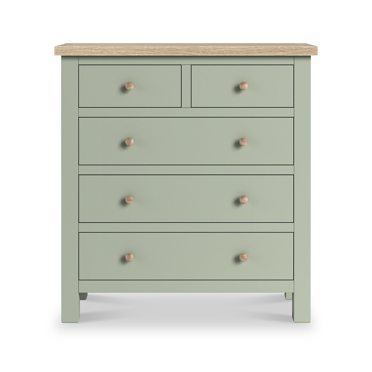 Farrow 2 Over 3 Chest Of Drawers Sage Washed Oak from Roseland Furniture - front view with wooden handles