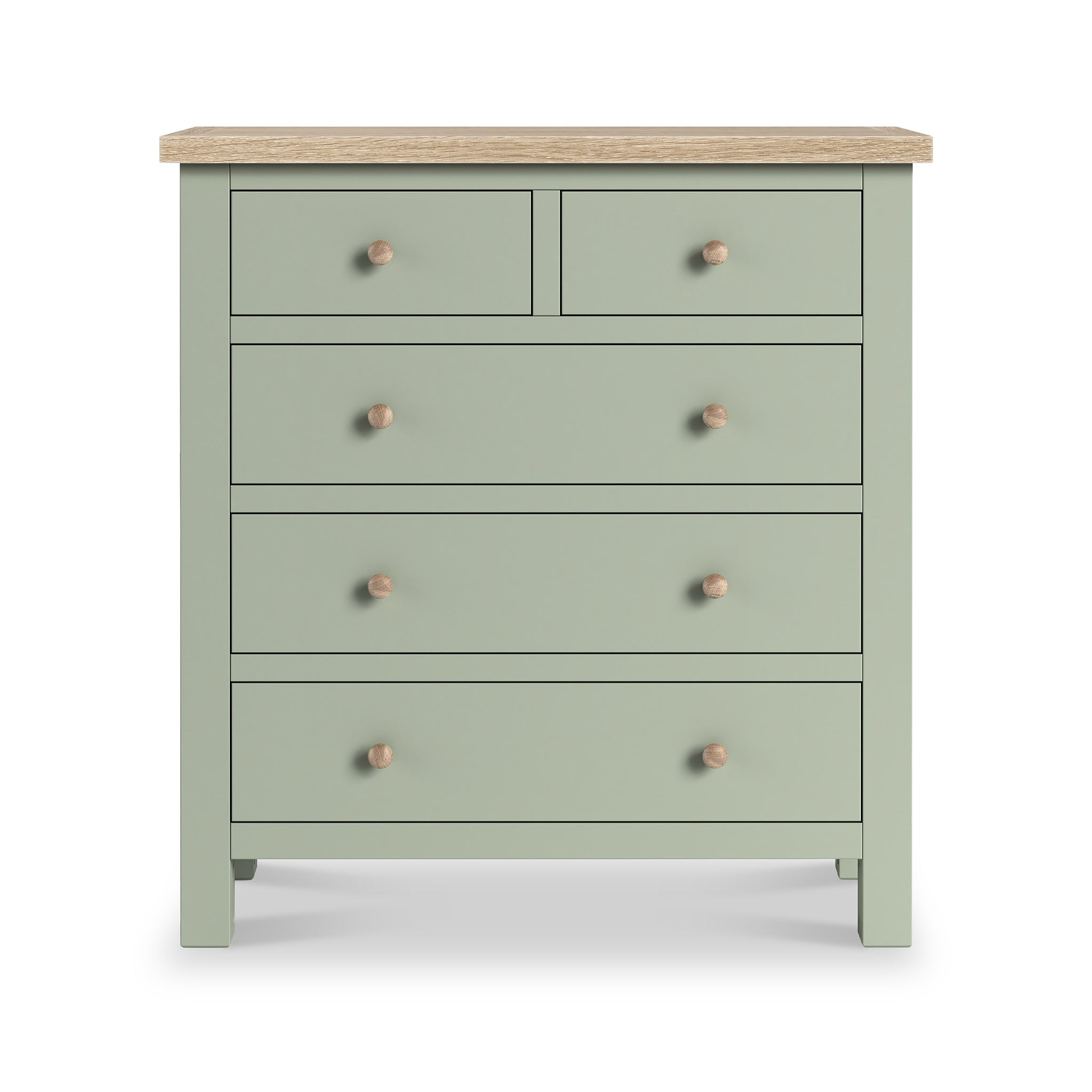Farrow 2 Over 3 Chest Of Drawers Sage Washed Oak from Roseland Furniture - front view with wooden handles
