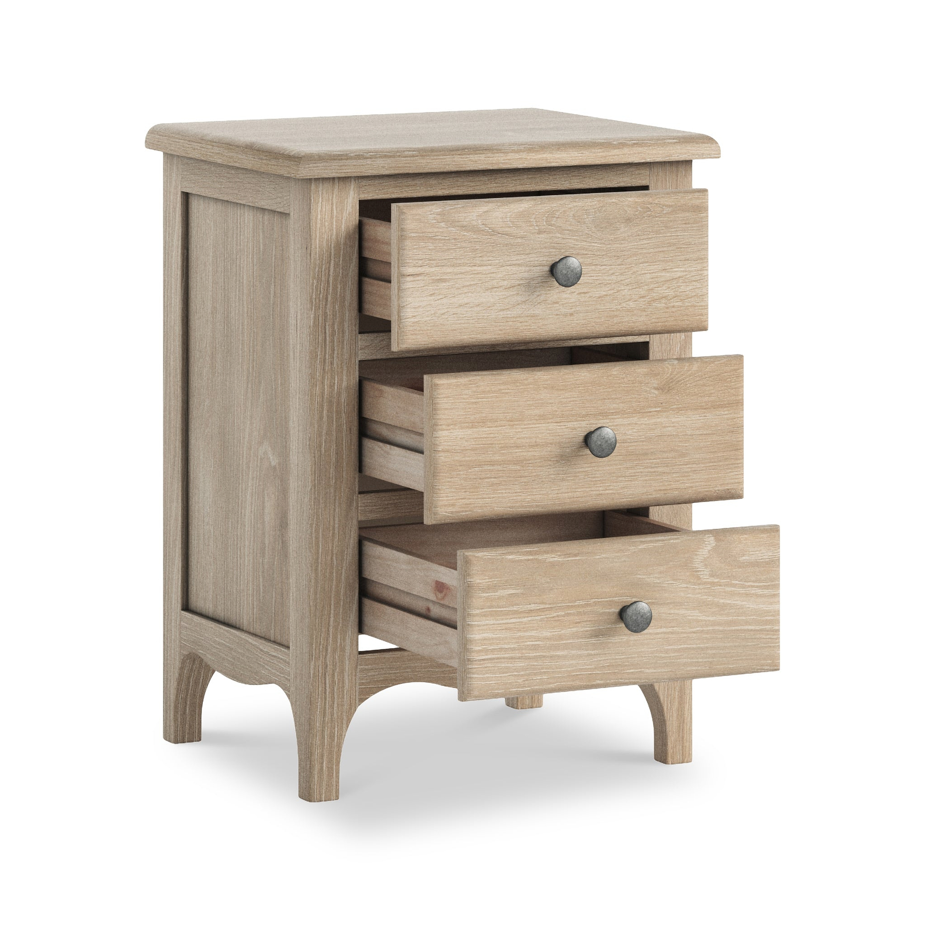 Celine Washed Oak XL 3 Drawer Bedside Table from Roseland Furniture