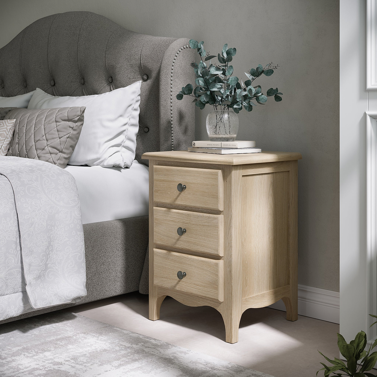 Celine Washed Oak XL 3 Drawer Bedside Table from Roseland Furniture