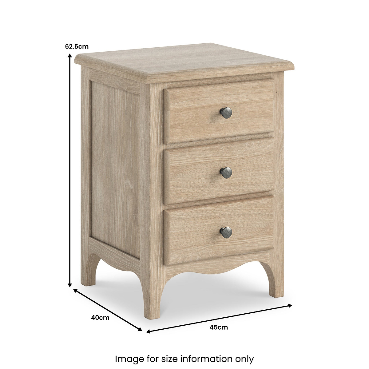 Celine Washed Oak XL 3 Drawer Bedside Table dimensions