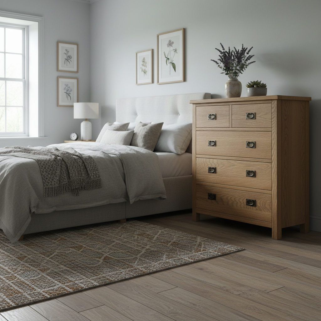 Surrey Oak XL 2 Over 3 Chest Of Drawers in a modern country bedroom