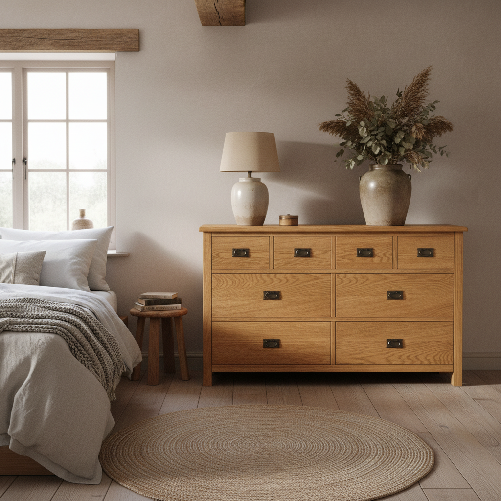 Surrey Oak XL 8 Drawer Chest in a rustic country bedroom