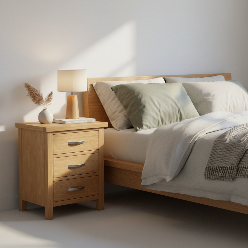 London Oak XL 3 Drawer Bedside Table in contemporary bedroom