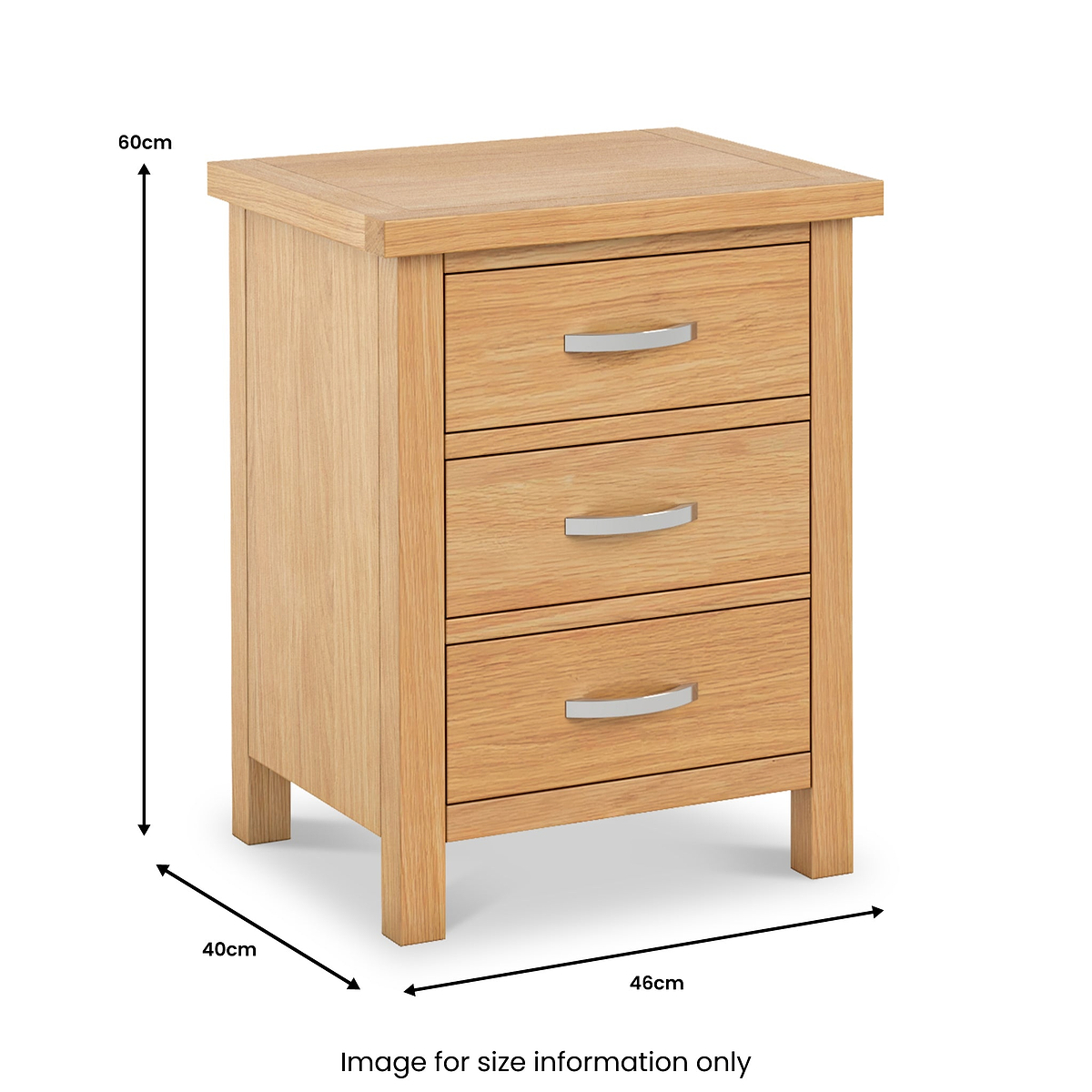 London Oak XL 3 Drawer Bedside Table dimensions
