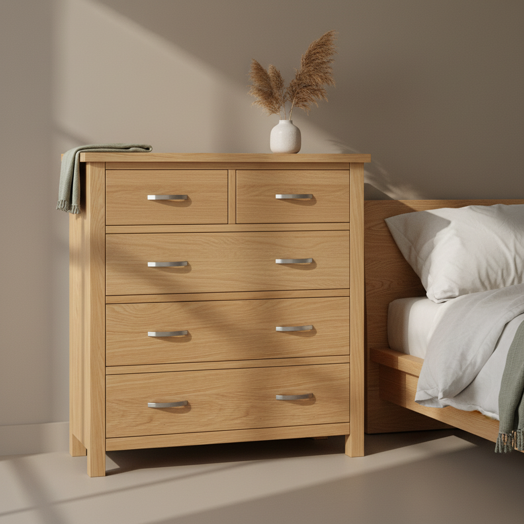 London Oak XL 2 Over 3 Chest Of Drawers in a minimalistic modern bedroom
