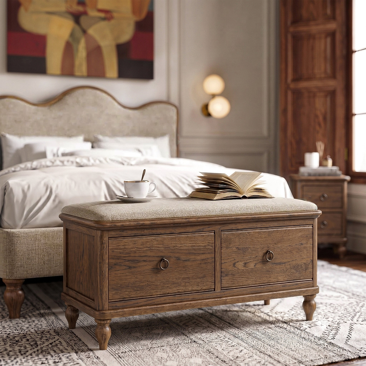 Rutland Dark Oak Storage Bench Oatmeal from Roseland Furniture