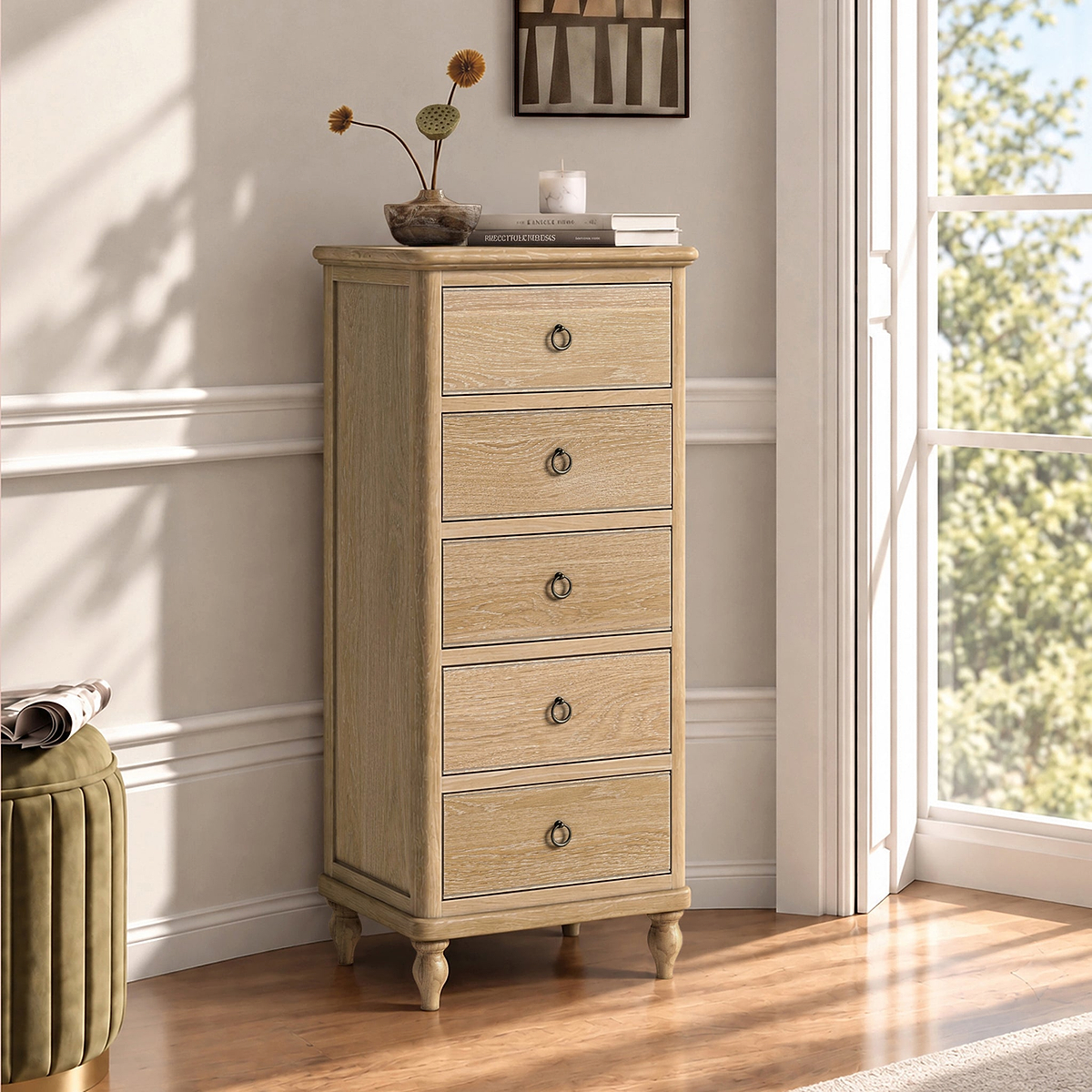 Rutland Oak 5 Drawer Tallboy Chest from Roseland Furniture