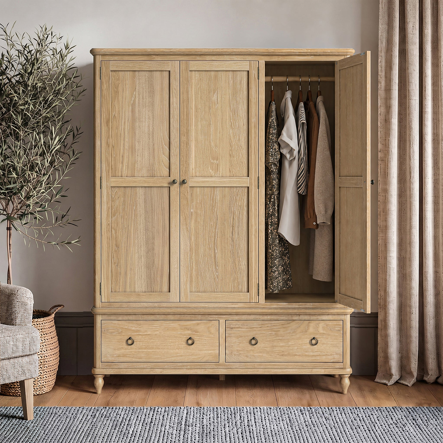 Rutland Oak Triple Wardrobe With 2 Drawers from Roseland Furniture