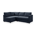 A dark blue, L-shaped sectional sofa with cushions, resting on small legs, set against a plain white background.