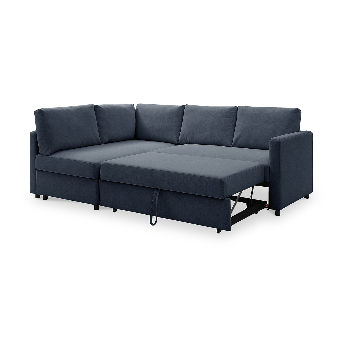 A dark blue, L-shaped sectional sofa with an extended chaise lounge, against a white background.