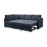 A dark blue, L-shaped sectional sofa with an extended chaise lounge, against a white background.