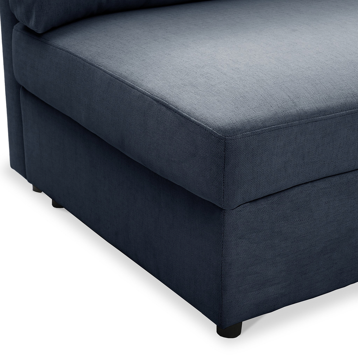 A navy blue fabric ottoman with a cushioned top and black legs, set against a white background.