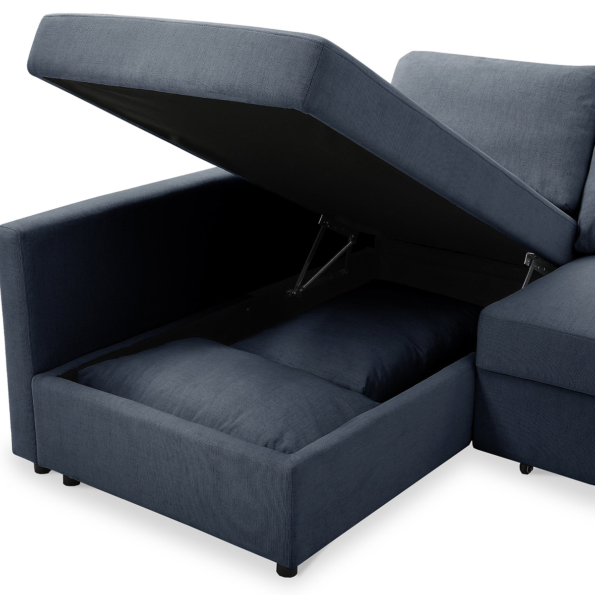 A blue sectional sofa with one seat lifted to reveal storage compartment; isolated against a white background.