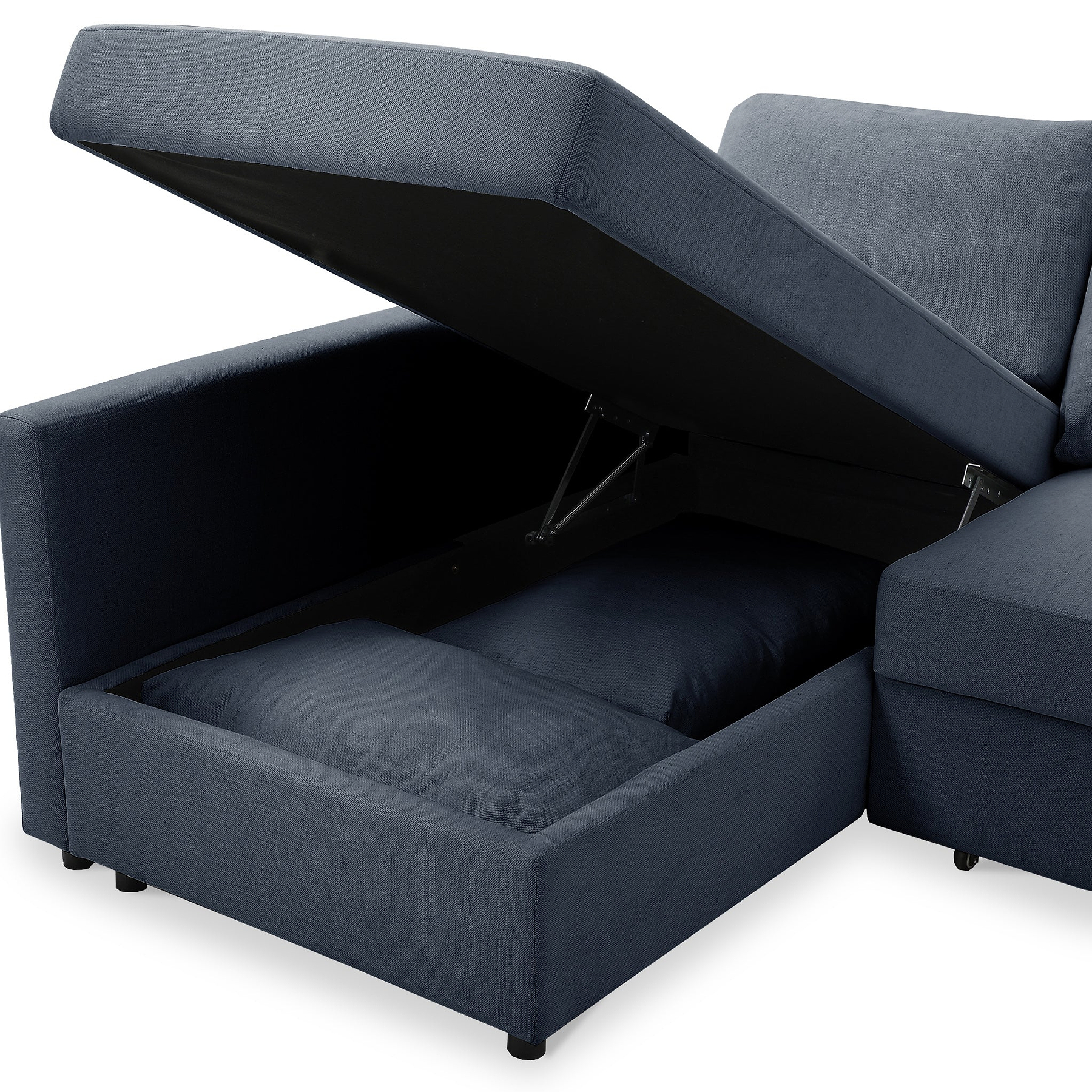 A blue sectional sofa with one seat lifted to reveal storage compartment; isolated against a white background.