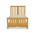 A wooden twin bed frame with slats for a mattress support against a white background.