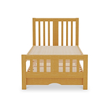 A wooden twin bed frame with slats for a mattress support against a white background.
