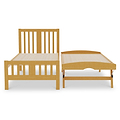 A wooden twin-size bed frame with a slatted headboard and footboard, positioned on a white background.