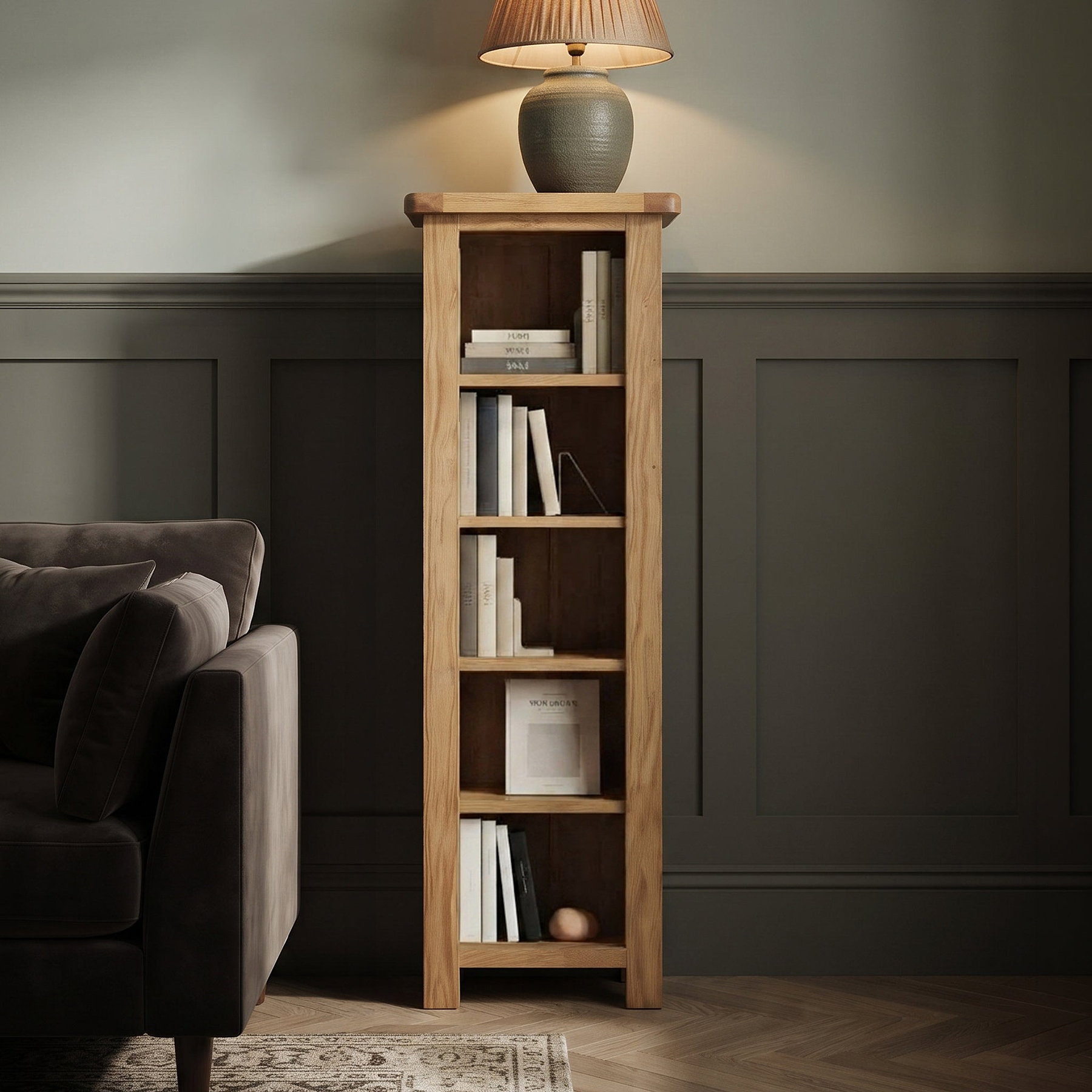 Zelah Oak Narrow Bookcase by Roseland Furniture