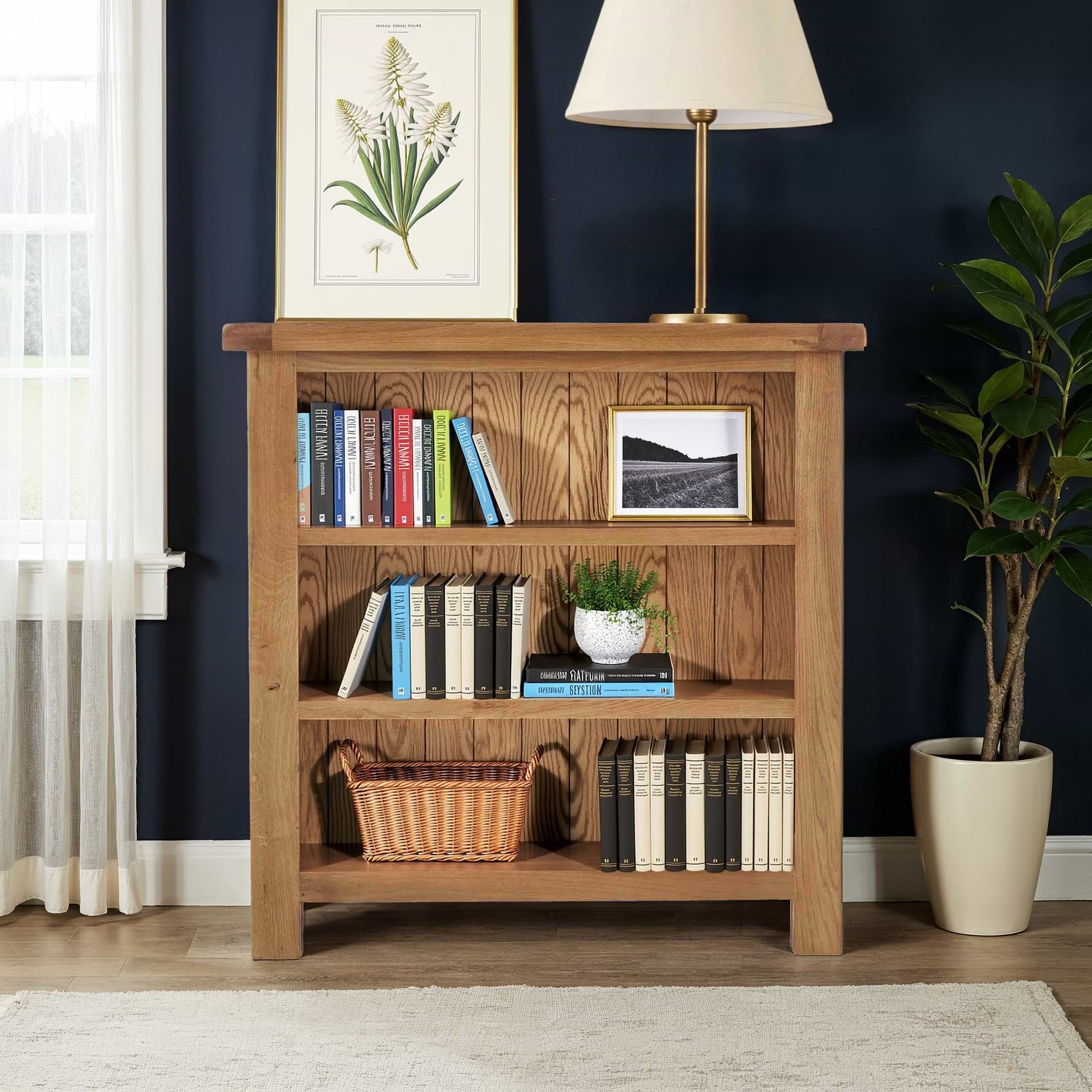 Zelah Oak Small Low Bookcase, 3 Shelves | Roseland