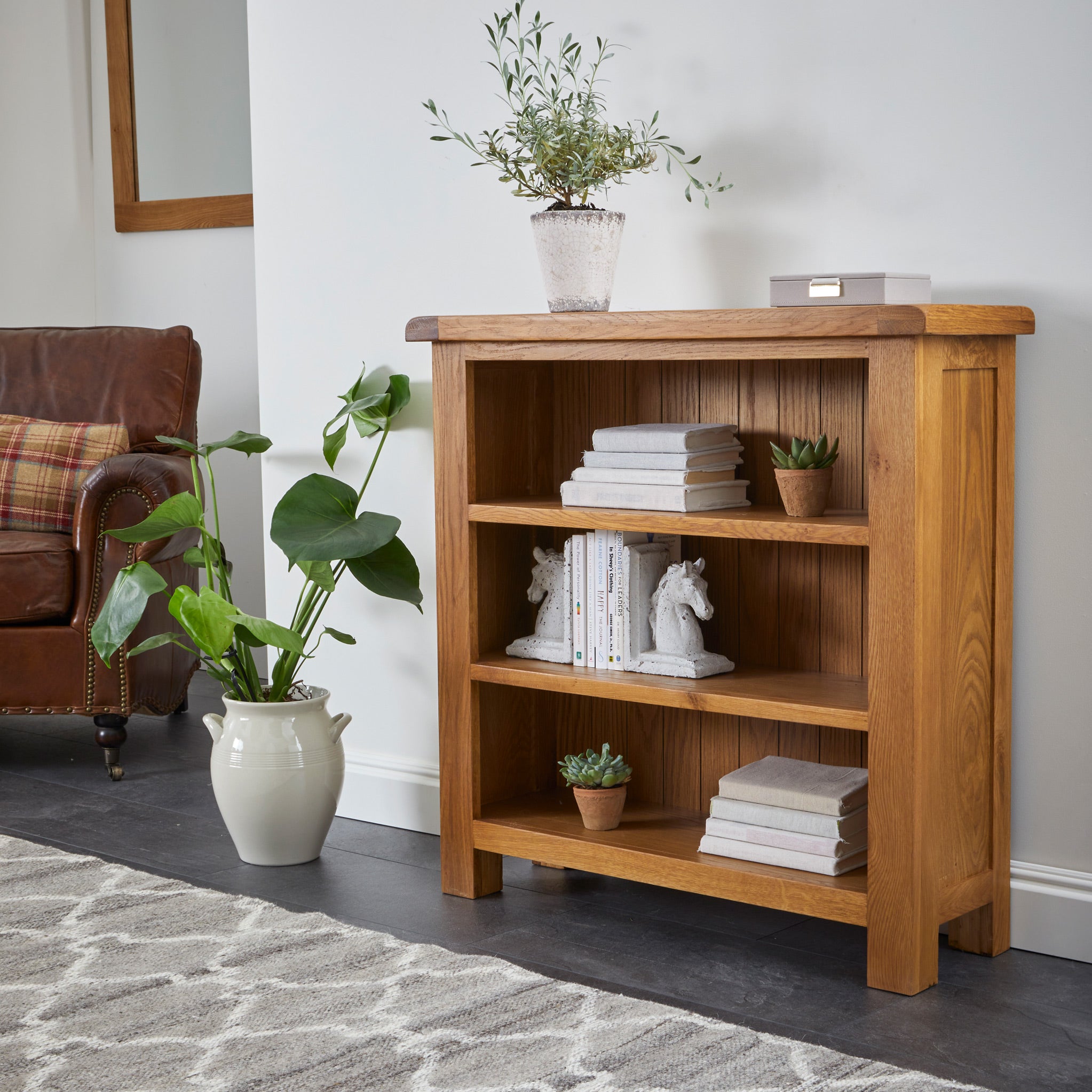 Zelah Oak Small Low Bookcase, 3 Shelves | Roseland