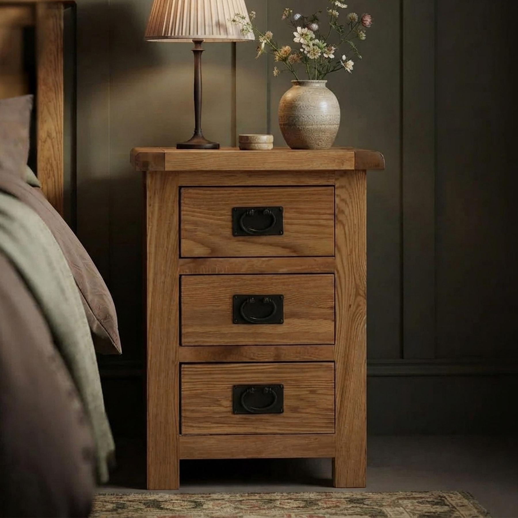 Zelah Oak Wide Bedside Table by Roseland Furniture