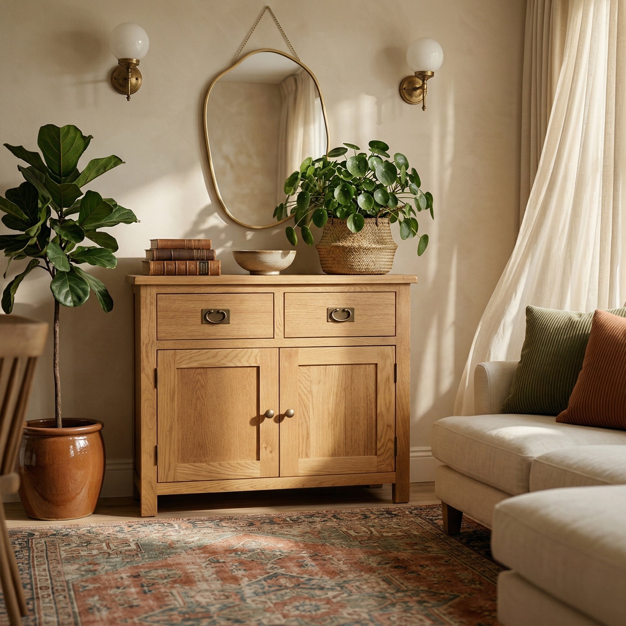 Surrey Oak Small Sideboard, Internal Shelf, 90cm | Rustic Waxed Oak