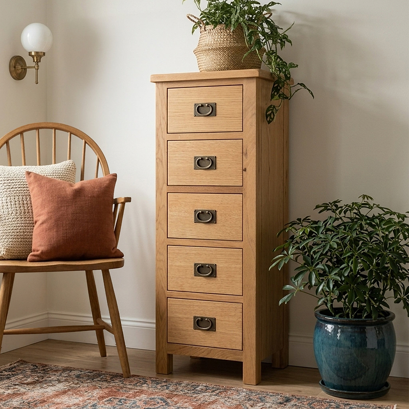Surrey Oak 5 drawer tallboy chest of 5 drawers by Roseland Furniture