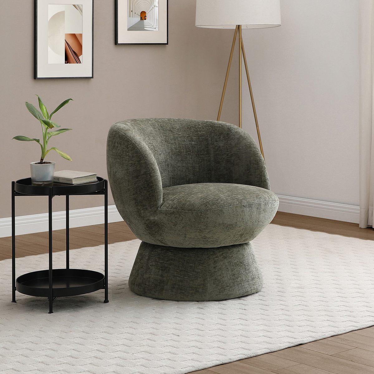Kendal Woven Chenille Tulip Swivel Chair Olive from Roseland Furniture