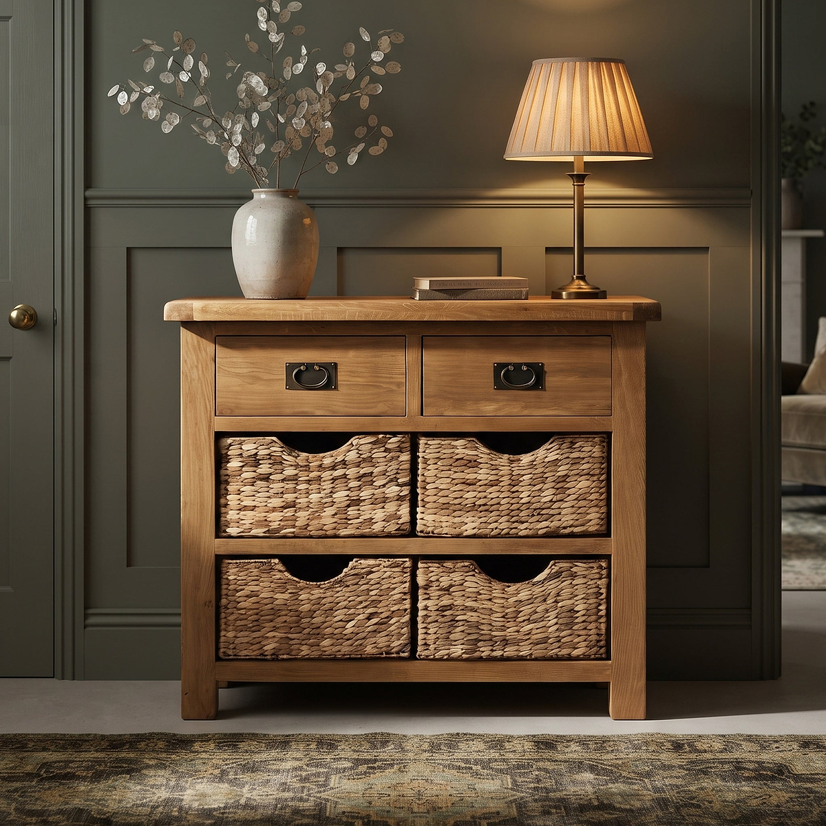 Zelah Oak Small Sideboard with Baskets from Roseland Furniture